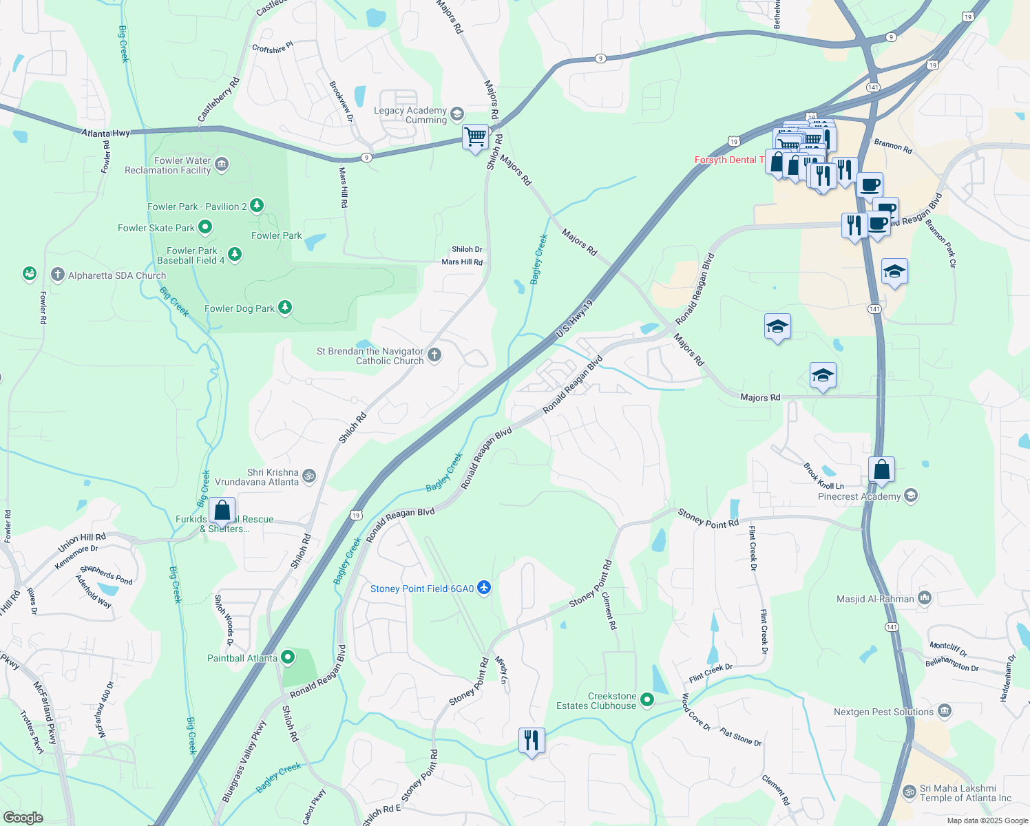 map of restaurants, bars, coffee shops, grocery stores, and more near 4305 Bryton Trace Dr in Cumming