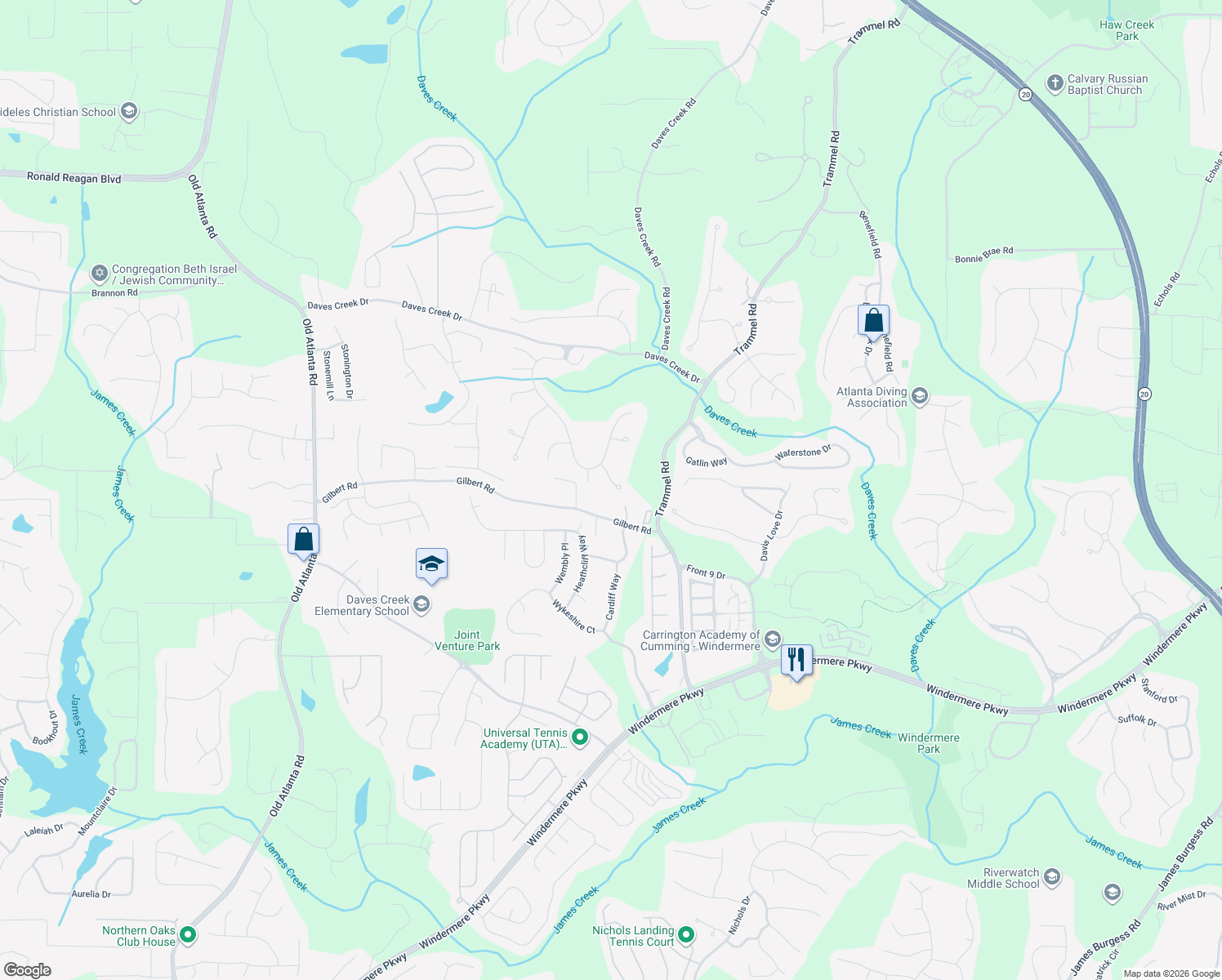 map of restaurants, bars, coffee shops, grocery stores, and more near 8850 Appling Ridge in Cumming