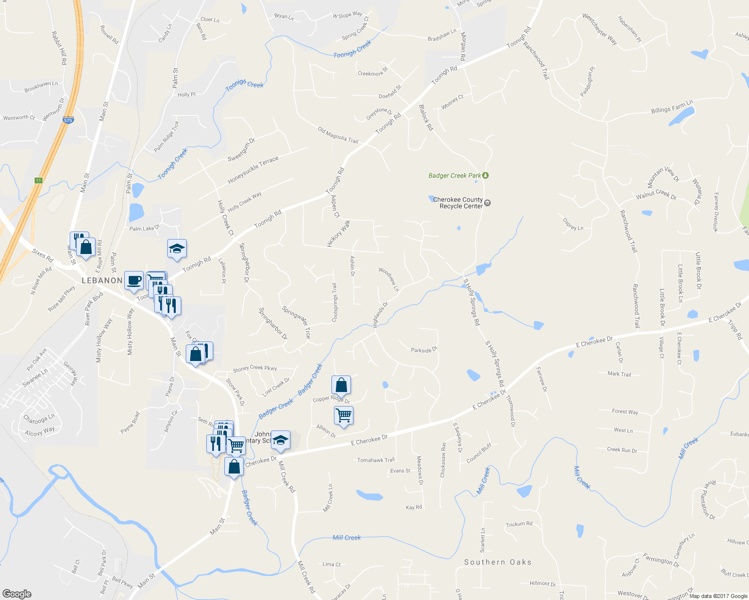 map of restaurants, bars, coffee shops, grocery stores, and more near 105 Woodview Court in Woodstock