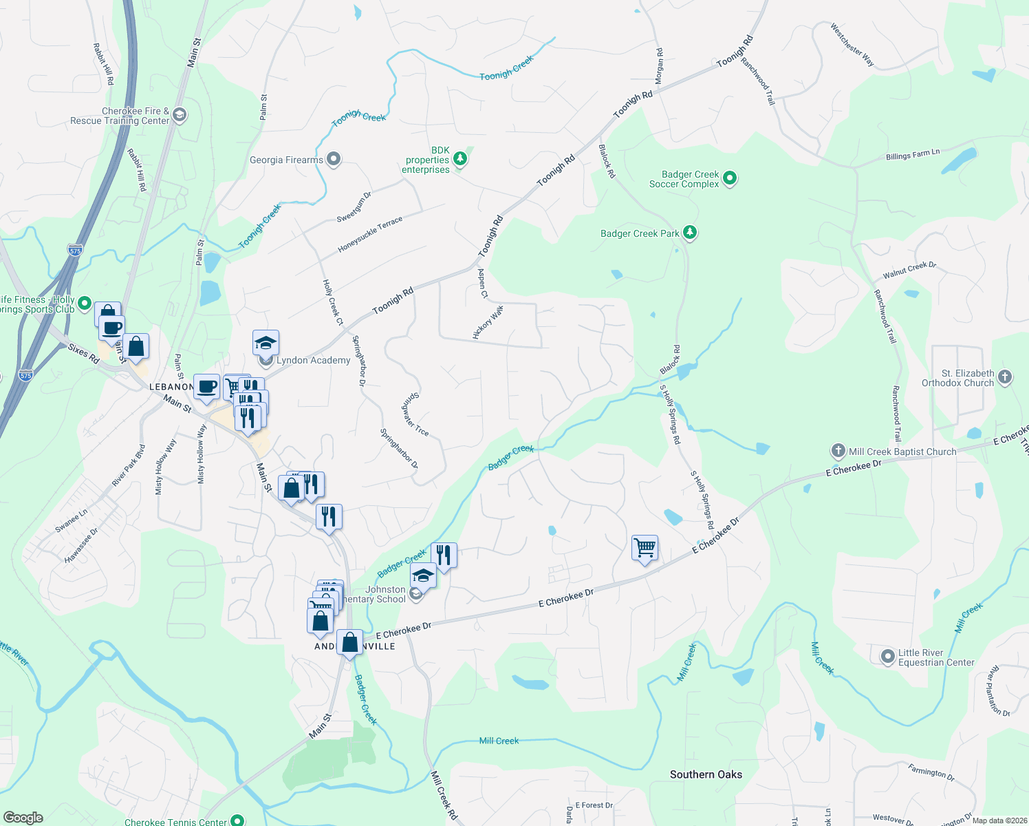 map of restaurants, bars, coffee shops, grocery stores, and more near 1090 Ashlin Dr in Woodstock