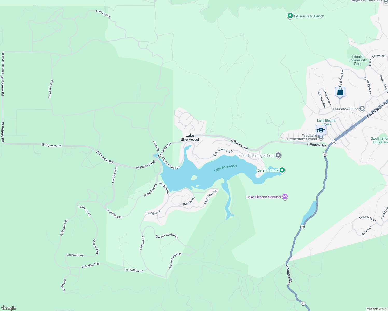 map of restaurants, bars, coffee shops, grocery stores, and more near 268 Lake Sherwood Drive in Westlake Village