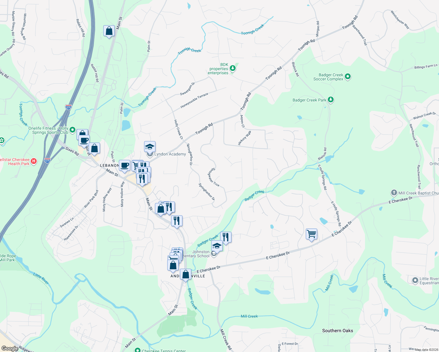 map of restaurants, bars, coffee shops, grocery stores, and more near 164 Springwater Trail in Woodstock
