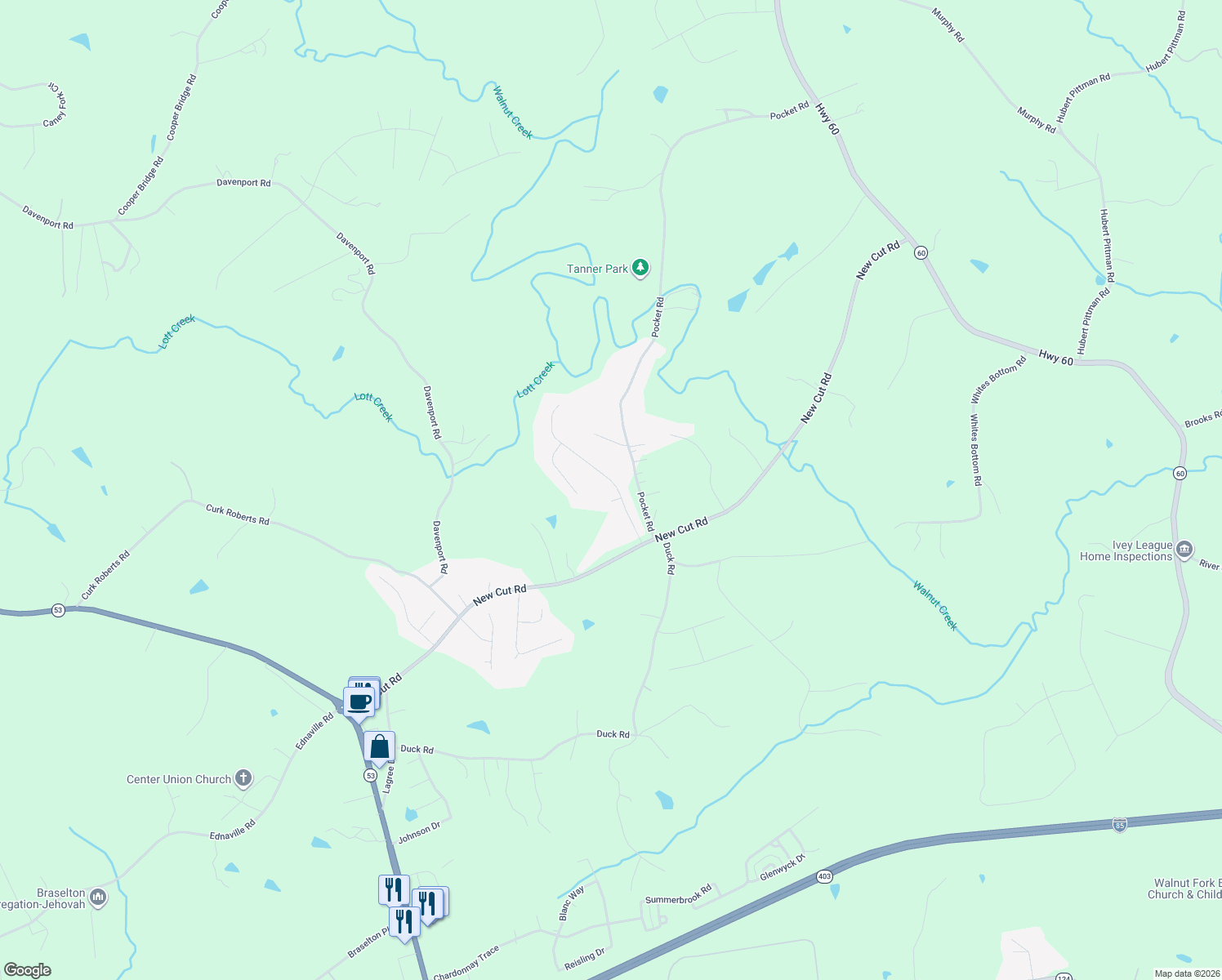 map of restaurants, bars, coffee shops, grocery stores, and more near 181 Hickory Bluff in Braselton