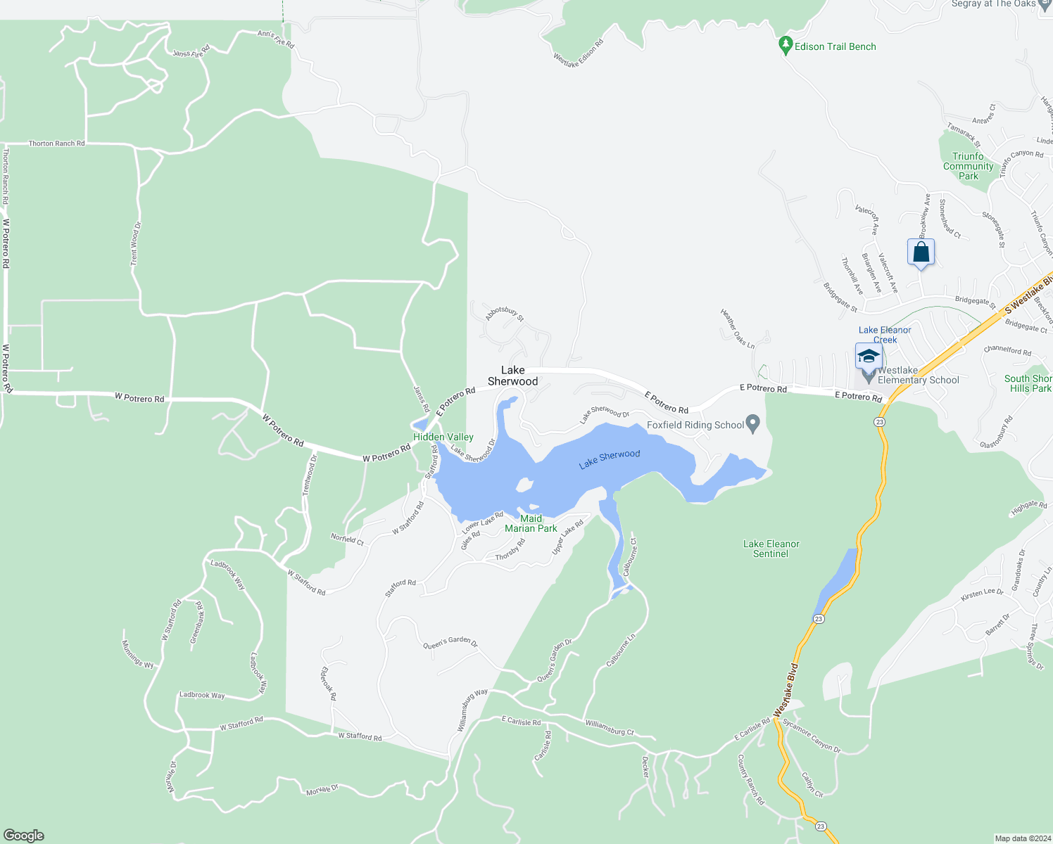 map of restaurants, bars, coffee shops, grocery stores, and more near 268 Lake Sherwood Drive in Westlake Village