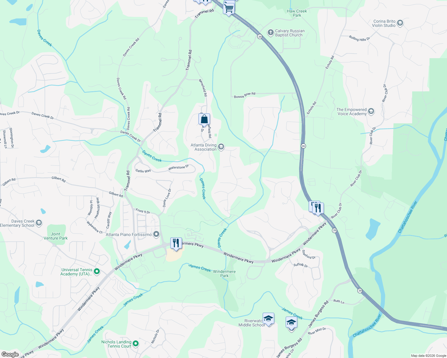 map of restaurants, bars, coffee shops, grocery stores, and more near 2550 Goodrick Ln in Cumming