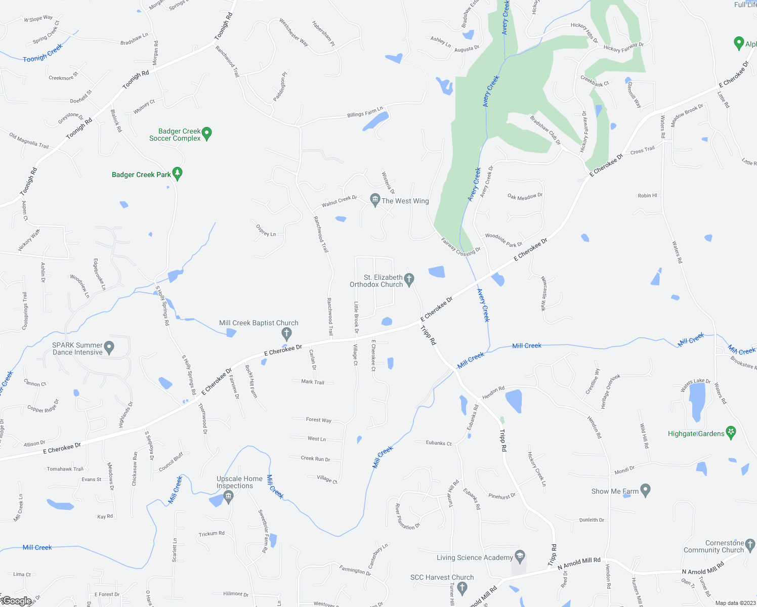 map of restaurants, bars, coffee shops, grocery stores, and more near 212 Little Brook Lane in Woodstock