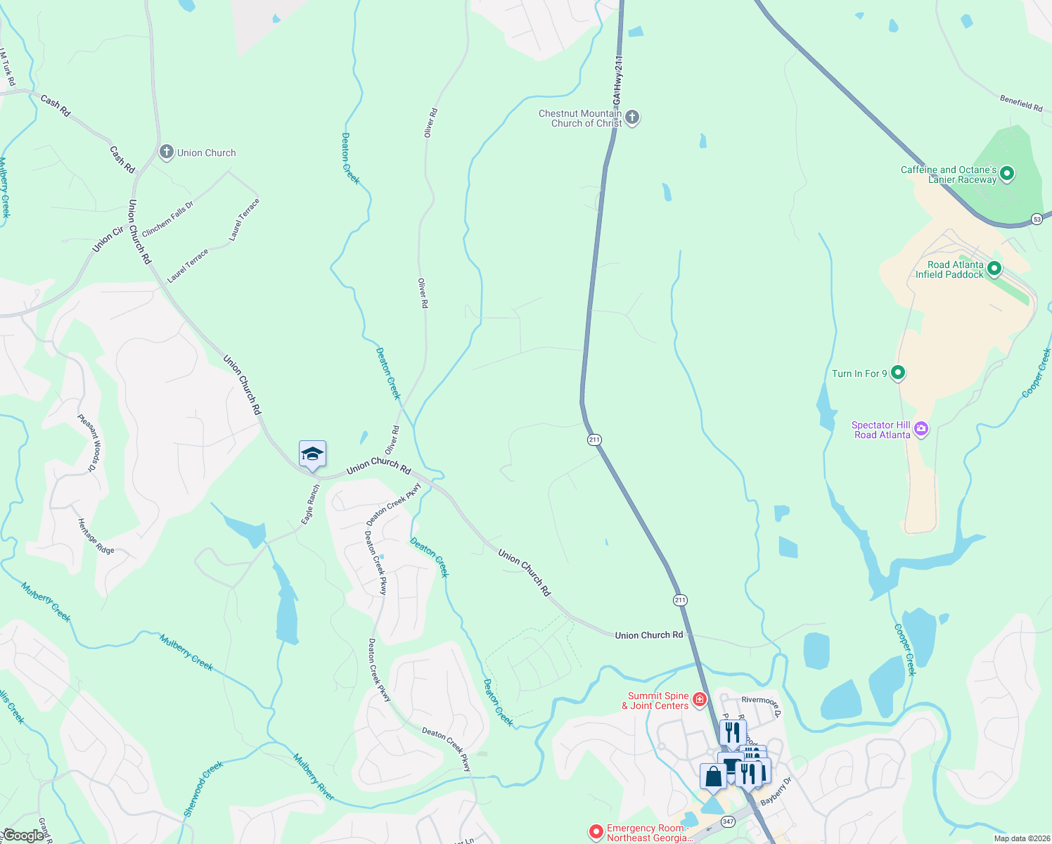 map of restaurants, bars, coffee shops, grocery stores, and more near 5437 Pleasant Hill Lane in Braselton
