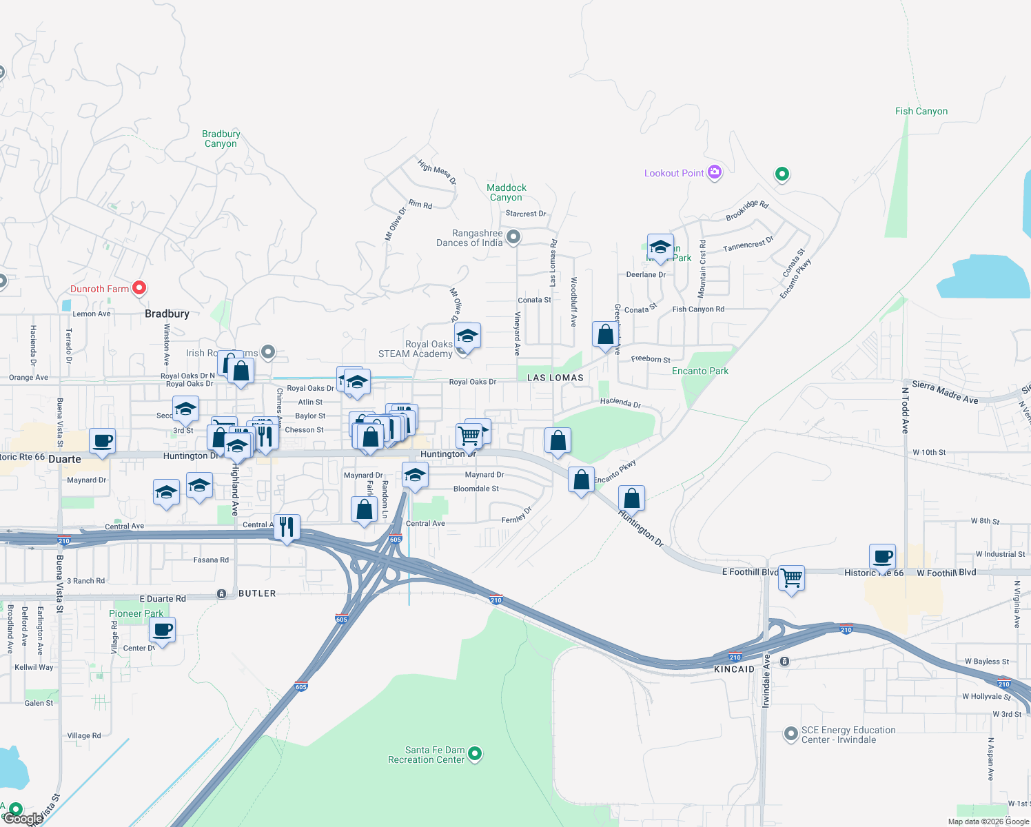 map of restaurants, bars, coffee shops, grocery stores, and more near 843 Vineyard Avenue in Duarte