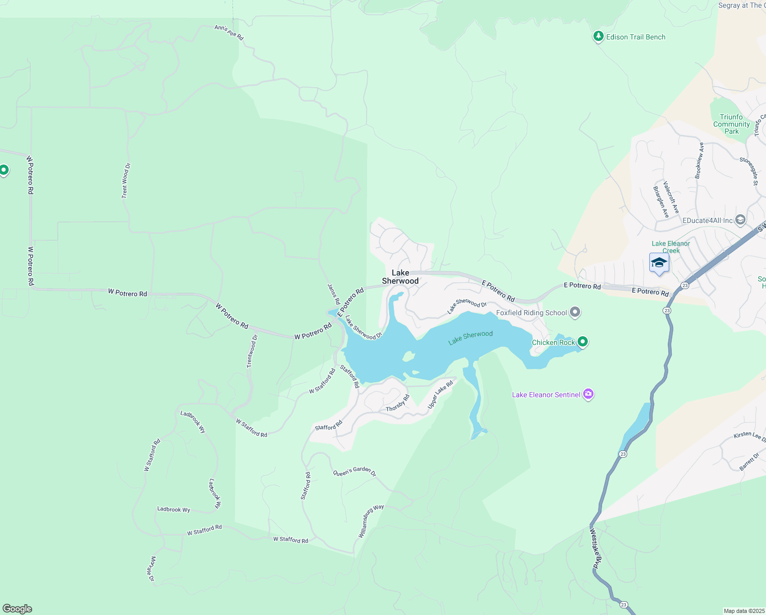 map of restaurants, bars, coffee shops, grocery stores, and more near 141 Lake Sherwood Drive in Ventura County