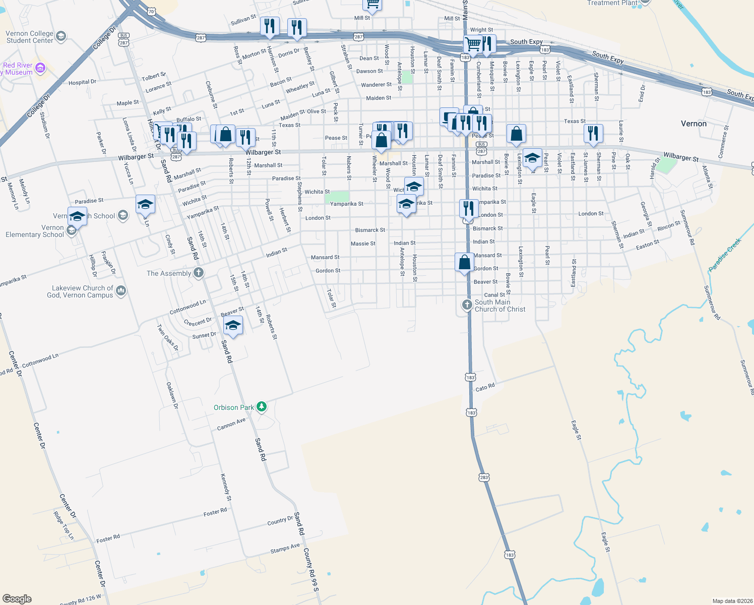 map of restaurants, bars, coffee shops, grocery stores, and more near 2909 Wheeler Street in Vernon