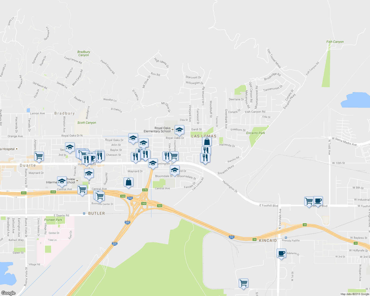 map of restaurants, bars, coffee shops, grocery stores, and more near 860 Swiss Trails Road in Duarte