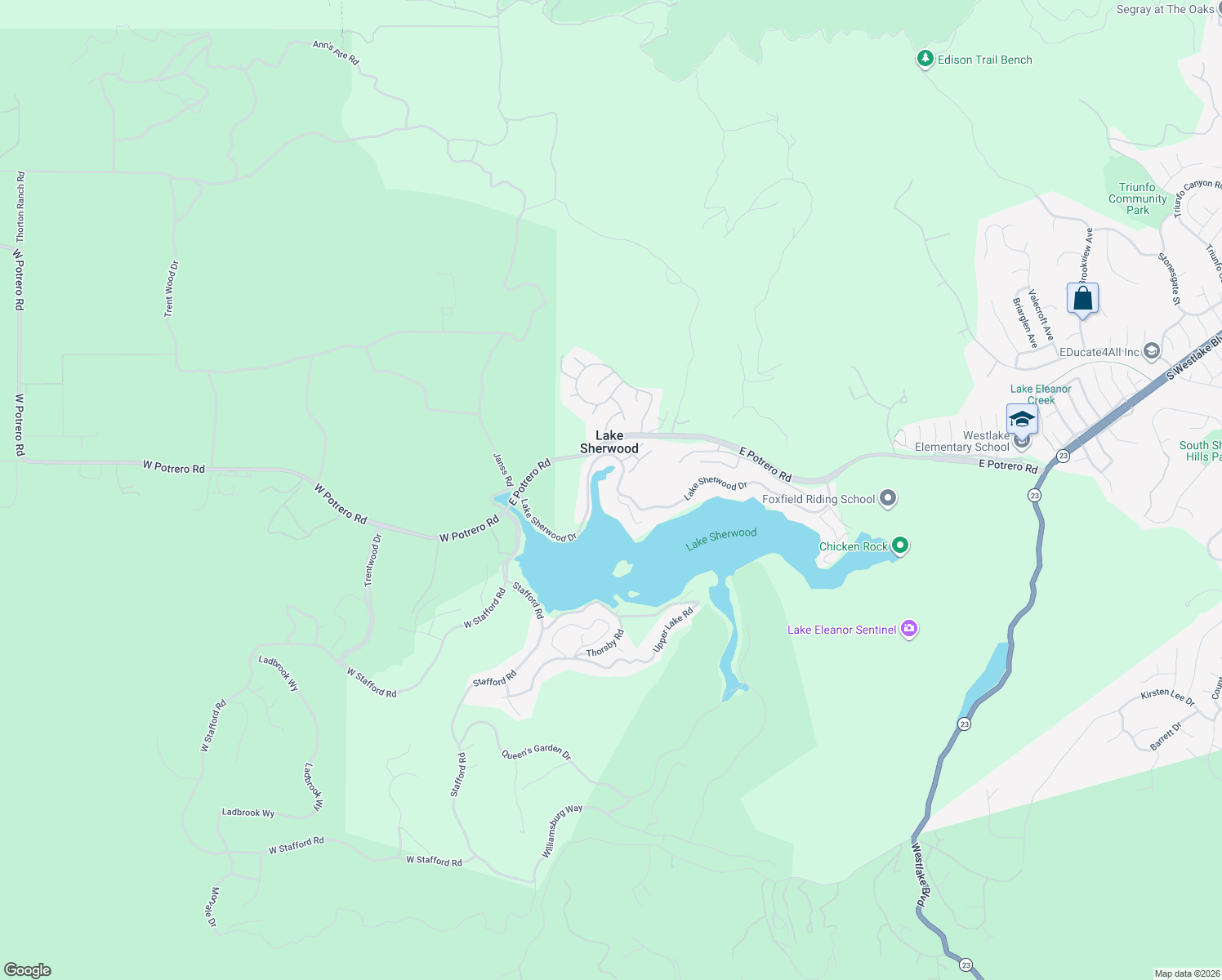 map of restaurants, bars, coffee shops, grocery stores, and more near 238 Lake Sherwood Drive in Westlake Village