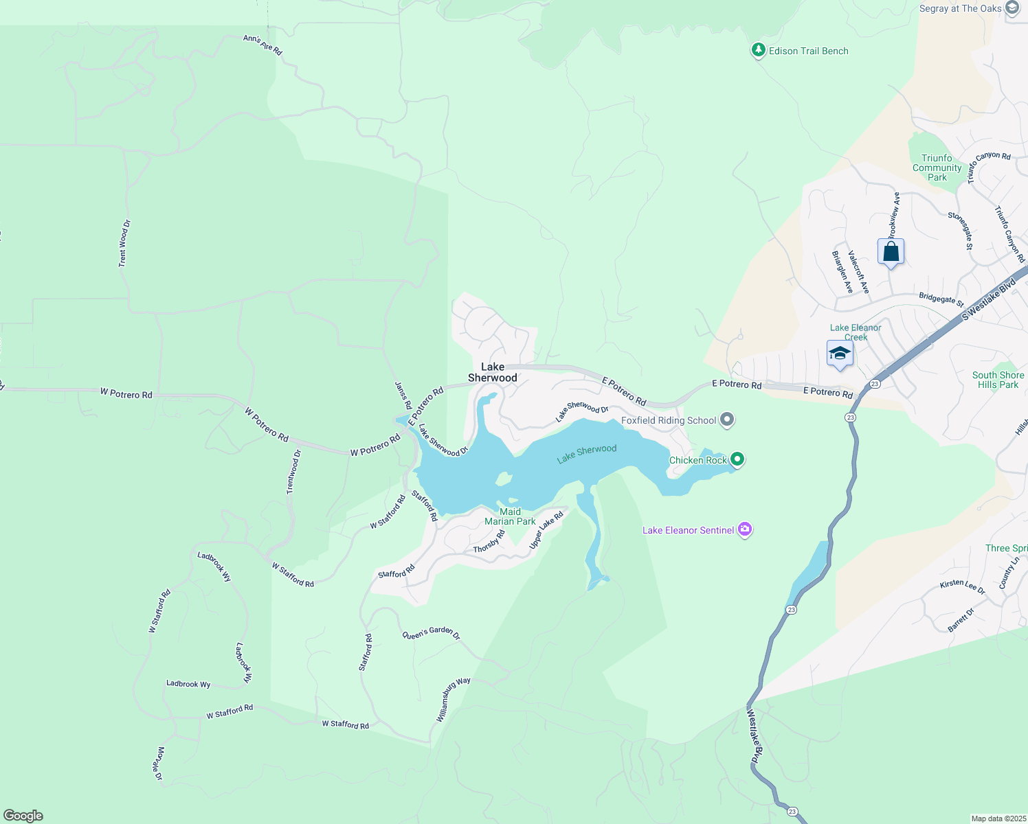 map of restaurants, bars, coffee shops, grocery stores, and more near 279 Lake Sherwood Drive in Lake Sherwood