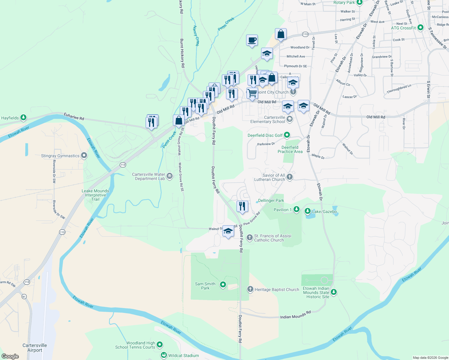 map of restaurants, bars, coffee shops, grocery stores, and more near 67 Lake Haven Dr in Cartersville