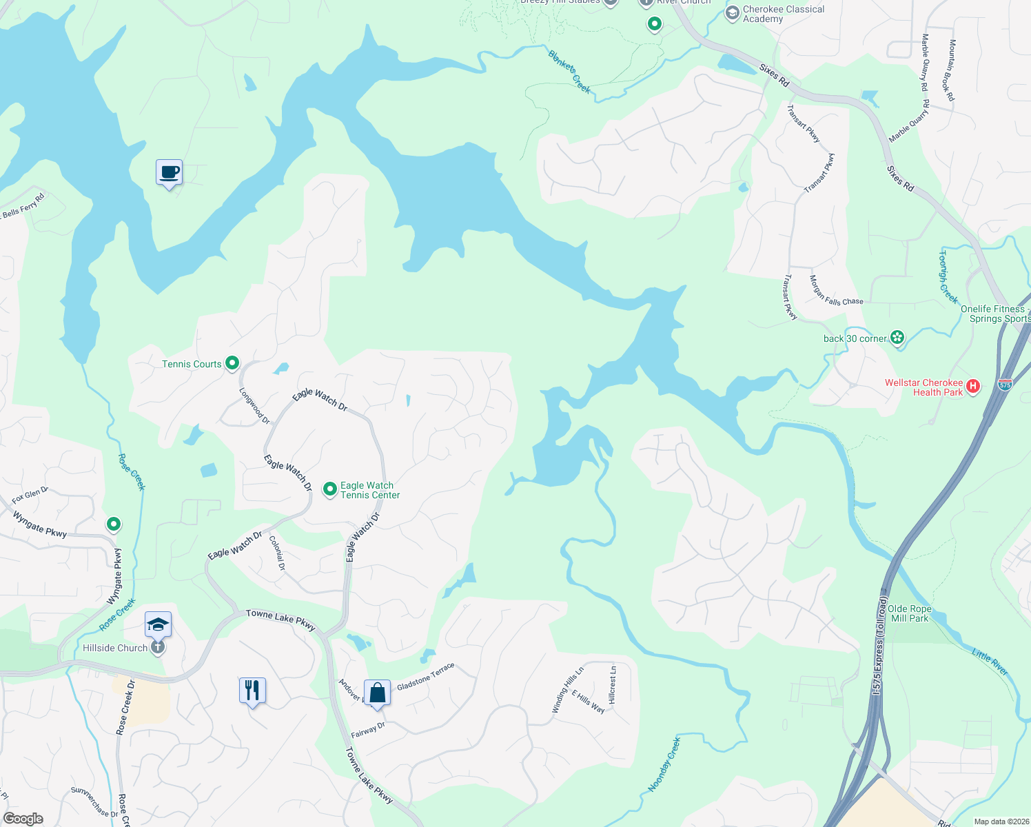 map of restaurants, bars, coffee shops, grocery stores, and more near 1219 Fern Hollow Drive in Woodstock