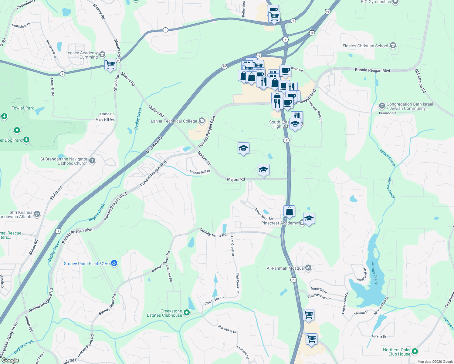 map of restaurants, bars, coffee shops, grocery stores, and more near 8190 Majors Glen Ct in Cumming