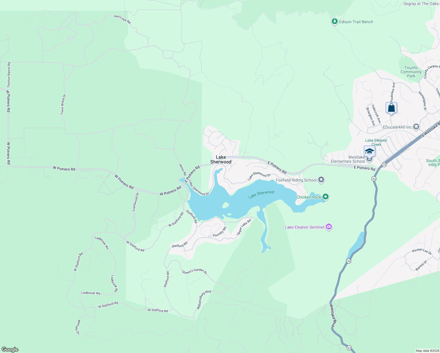 map of restaurants, bars, coffee shops, grocery stores, and more near 238 Lake Sherwood Drive in Westlake Village