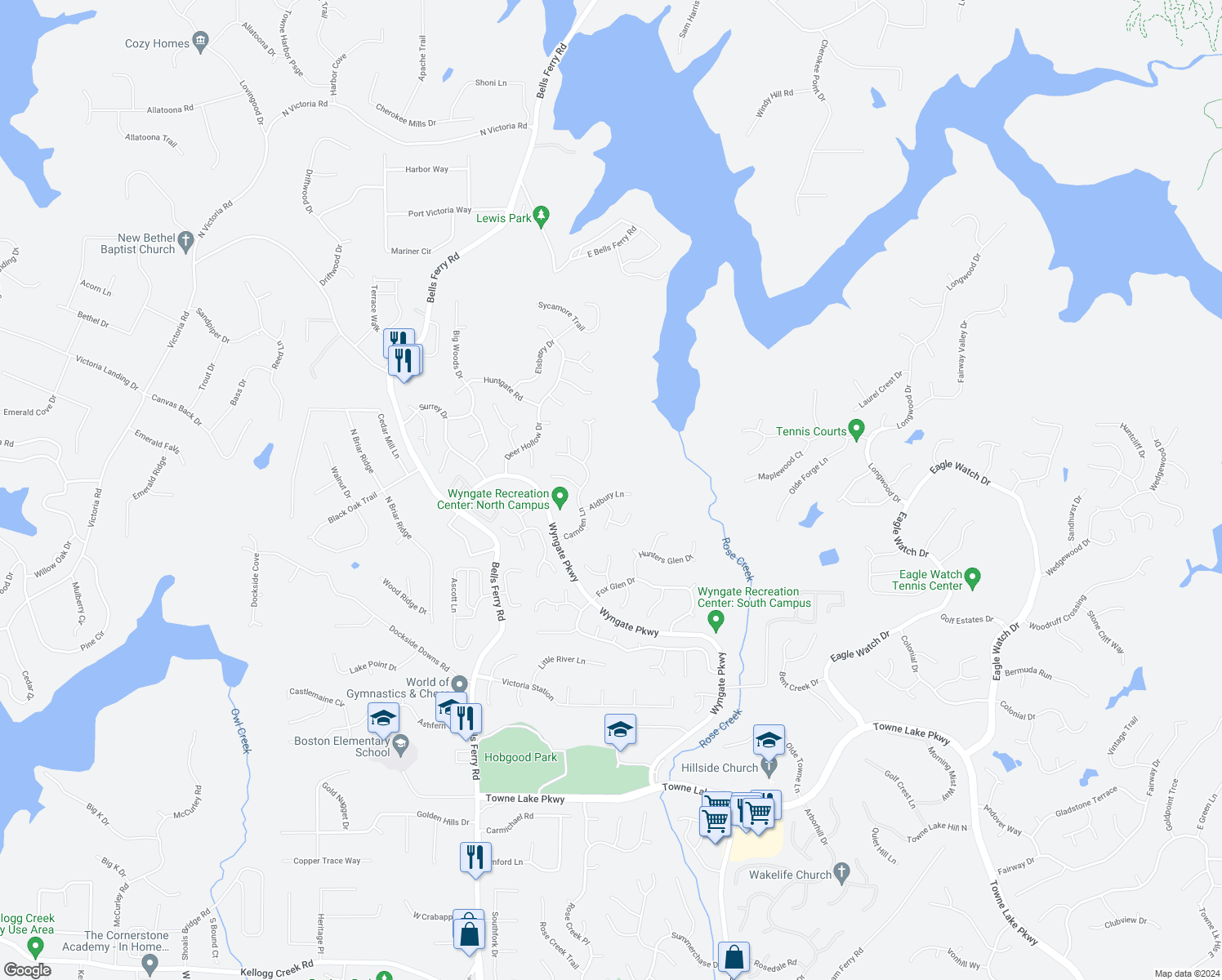 map of restaurants, bars, coffee shops, grocery stores, and more near 2013 Aldbury Lane in Woodstock