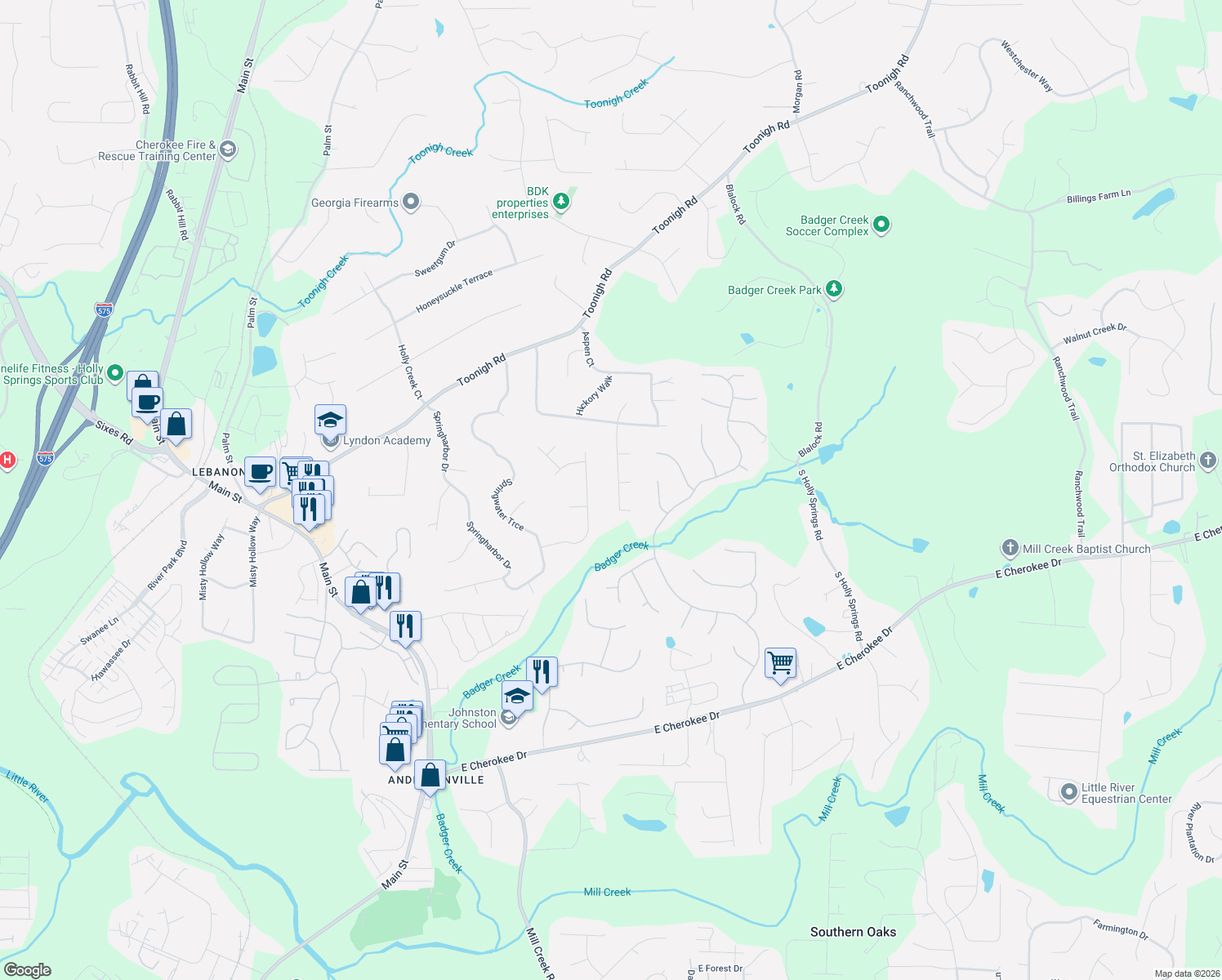 map of restaurants, bars, coffee shops, grocery stores, and more near 1087 Ashlin Drive in Woodstock