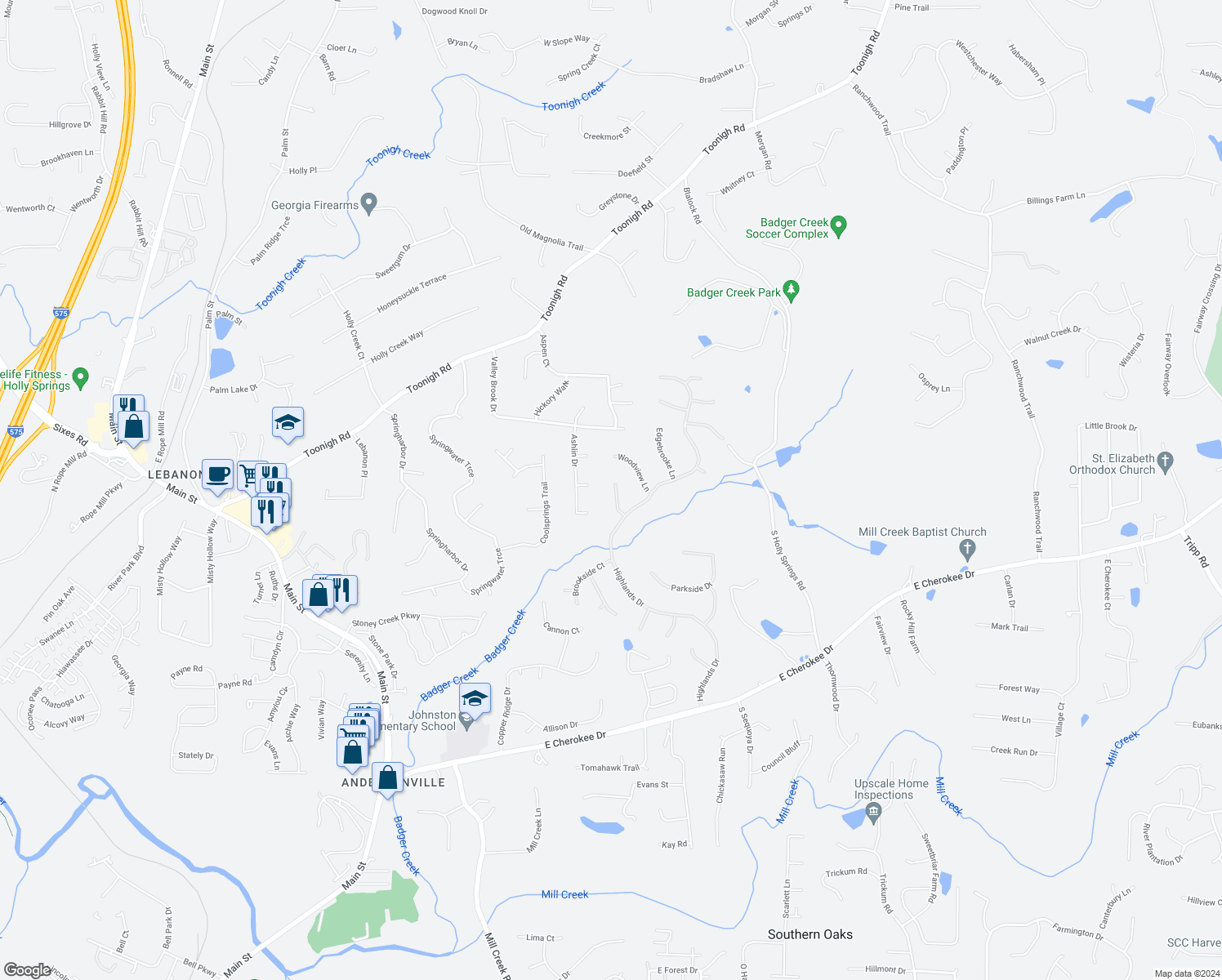 map of restaurants, bars, coffee shops, grocery stores, and more near 111 Woodview Court in Woodstock