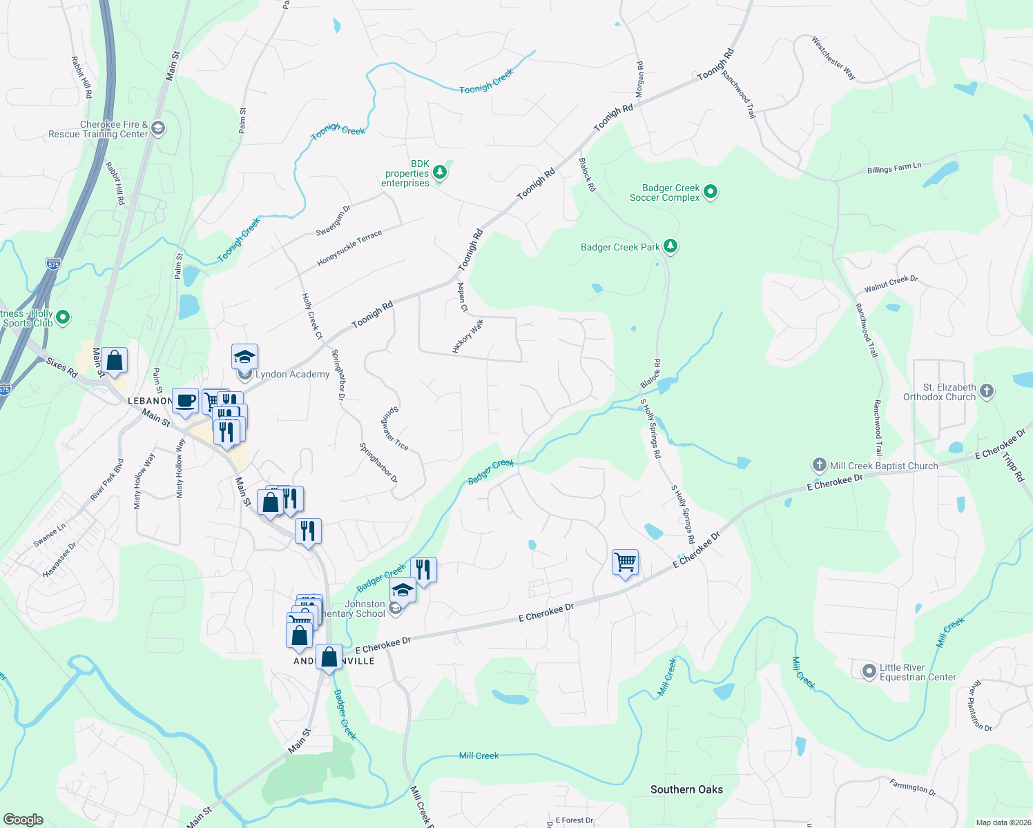 map of restaurants, bars, coffee shops, grocery stores, and more near 105 Woodview Court in Woodstock