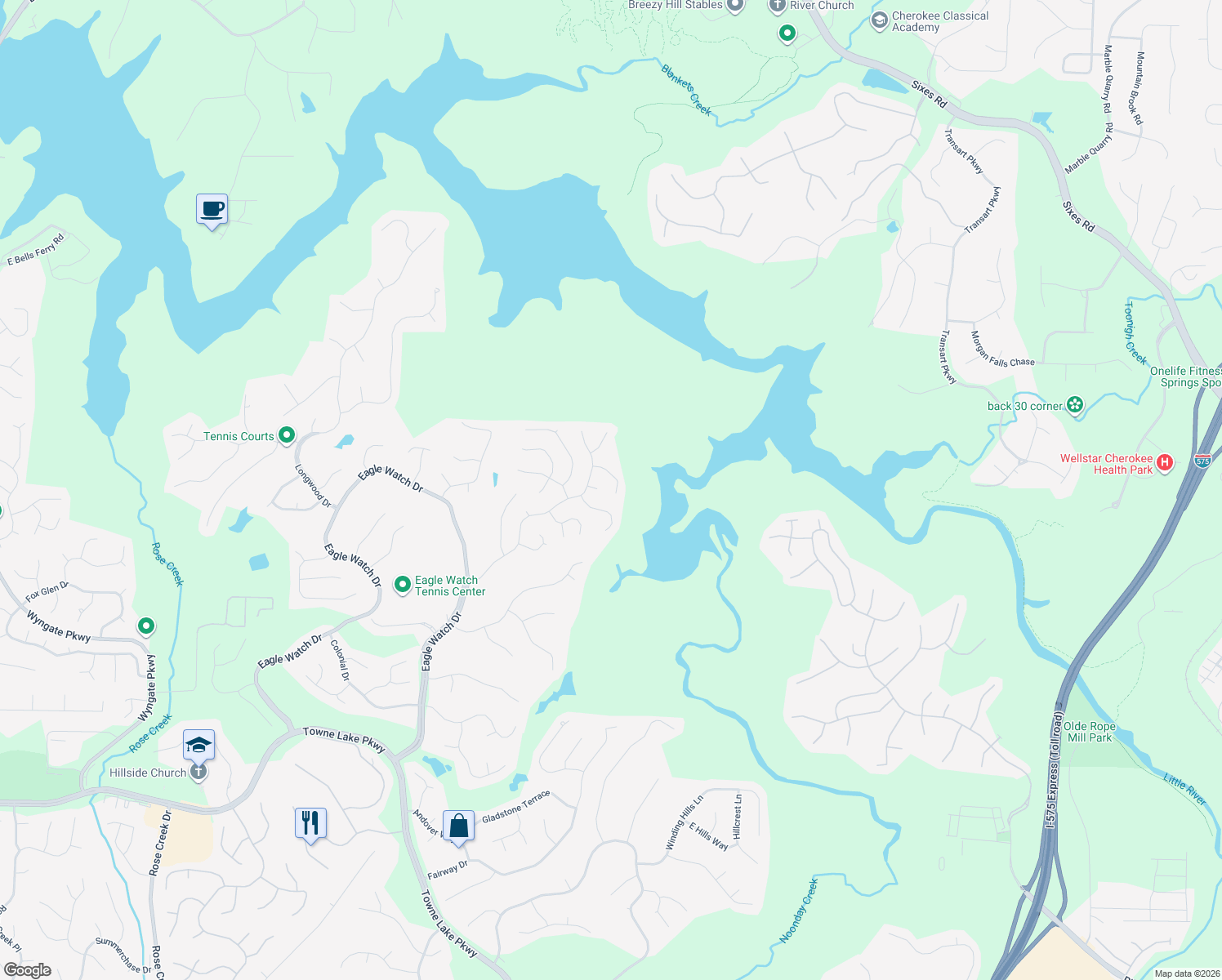 map of restaurants, bars, coffee shops, grocery stores, and more near 1212 Fern Hollow Drive in Woodstock