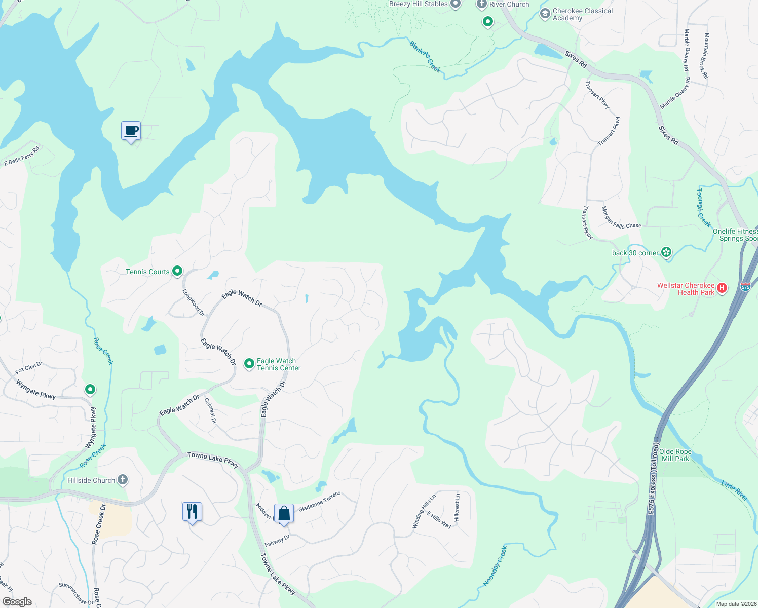 map of restaurants, bars, coffee shops, grocery stores, and more near 1212 Fern Hollow Drive in Woodstock