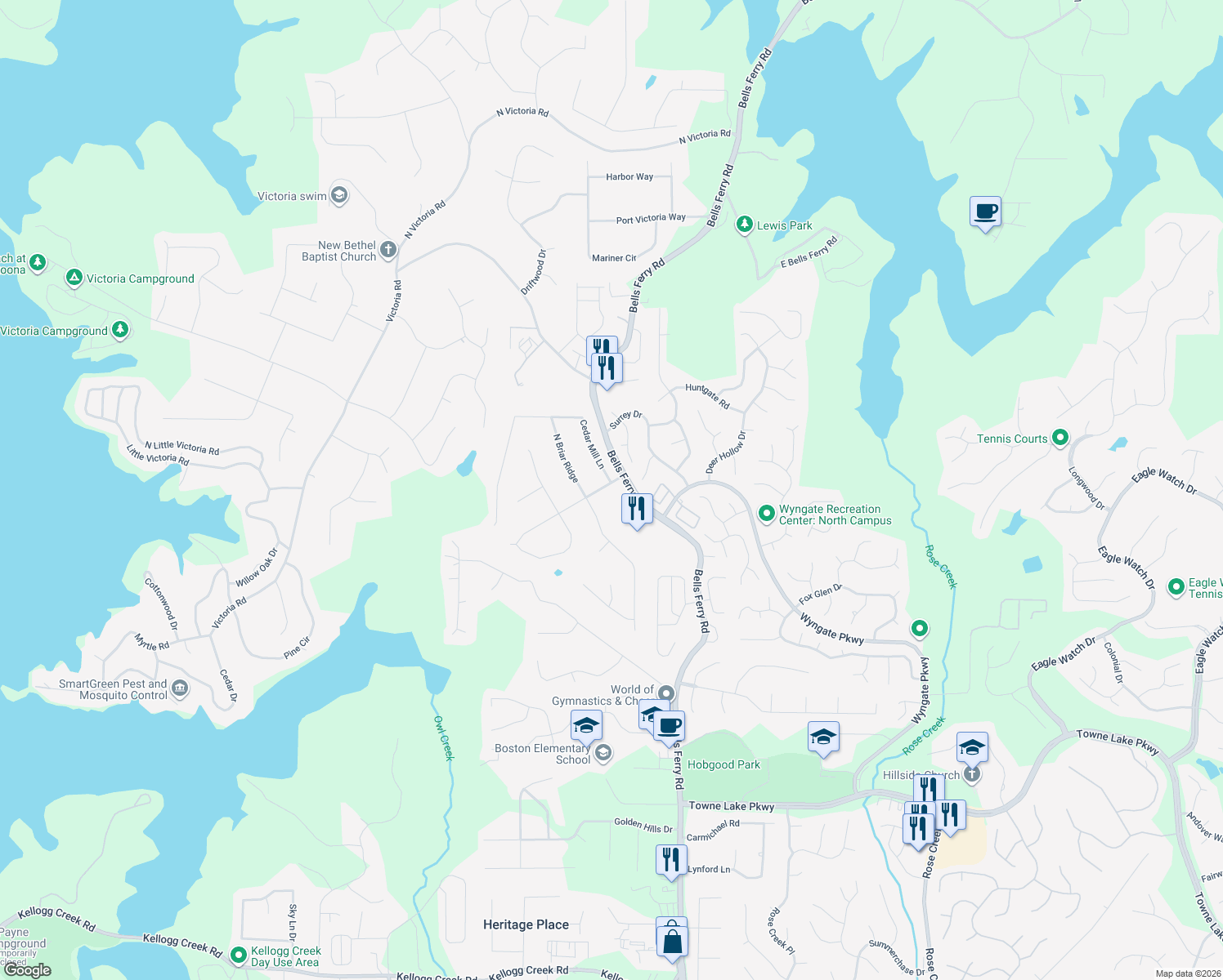 map of restaurants, bars, coffee shops, grocery stores, and more near 105 Black Oak Trail in Woodstock