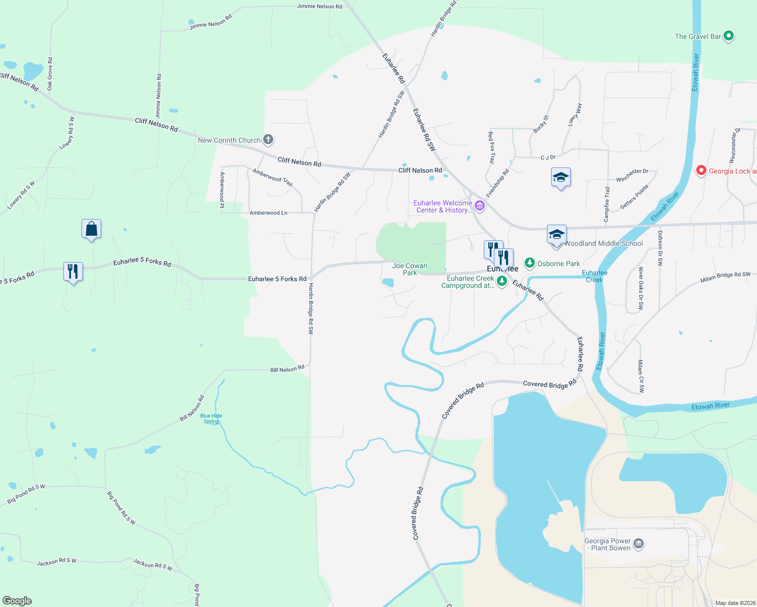 map of restaurants, bars, coffee shops, grocery stores, and more near 25 Jasmine Ln SW in Euharlee