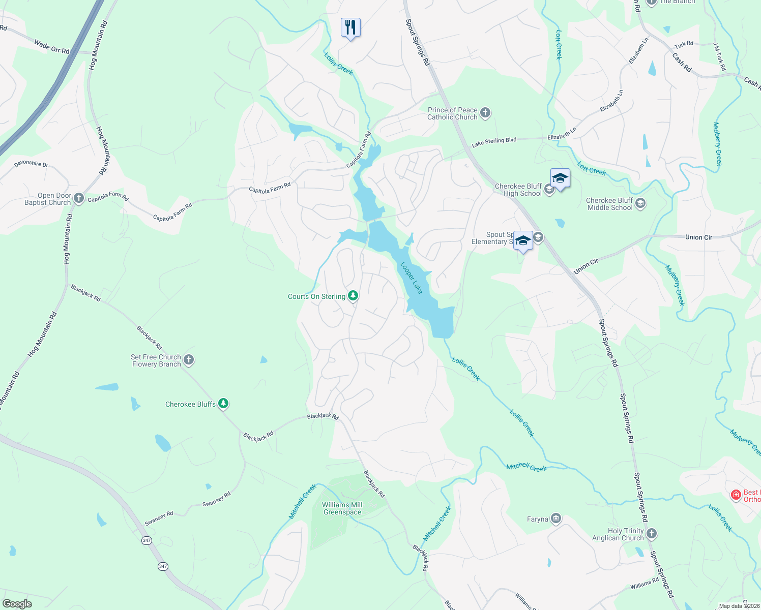 map of restaurants, bars, coffee shops, grocery stores, and more near 7432 Promenade Court in Flowery Branch