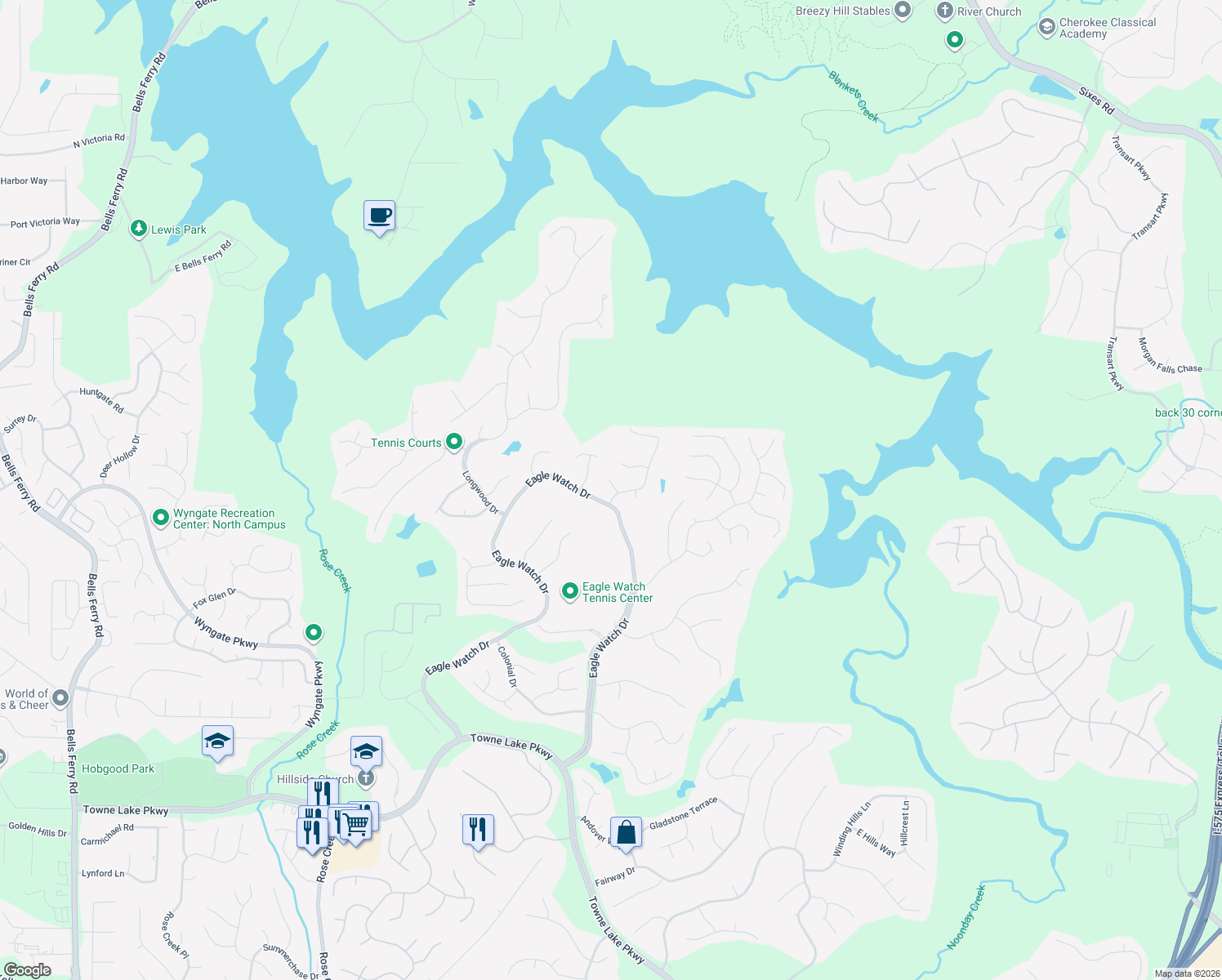 map of restaurants, bars, coffee shops, grocery stores, and more near 604 Glen Oaks Drive in Woodstock