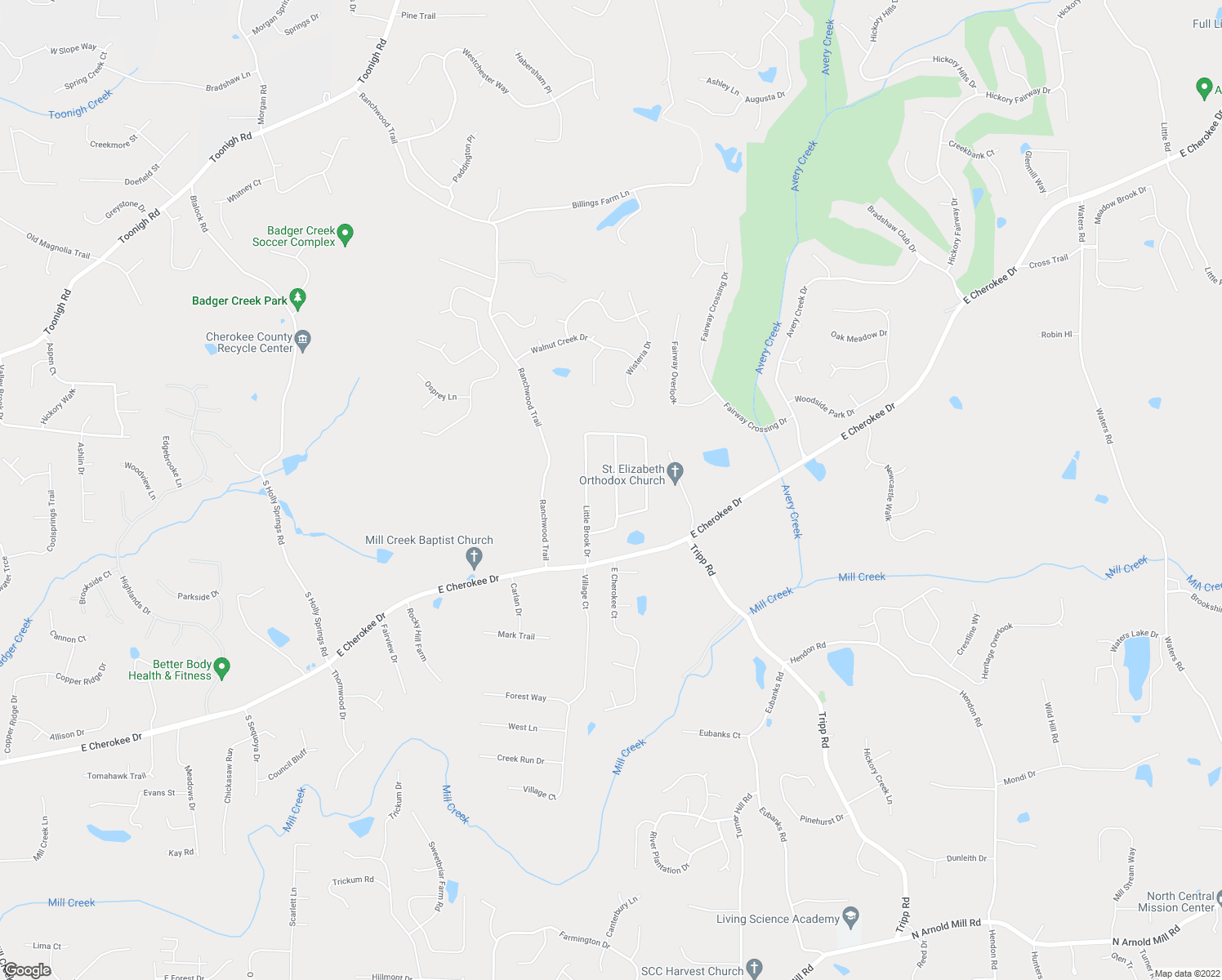 map of restaurants, bars, coffee shops, grocery stores, and more near 215 Little Brook Lane in Woodstock