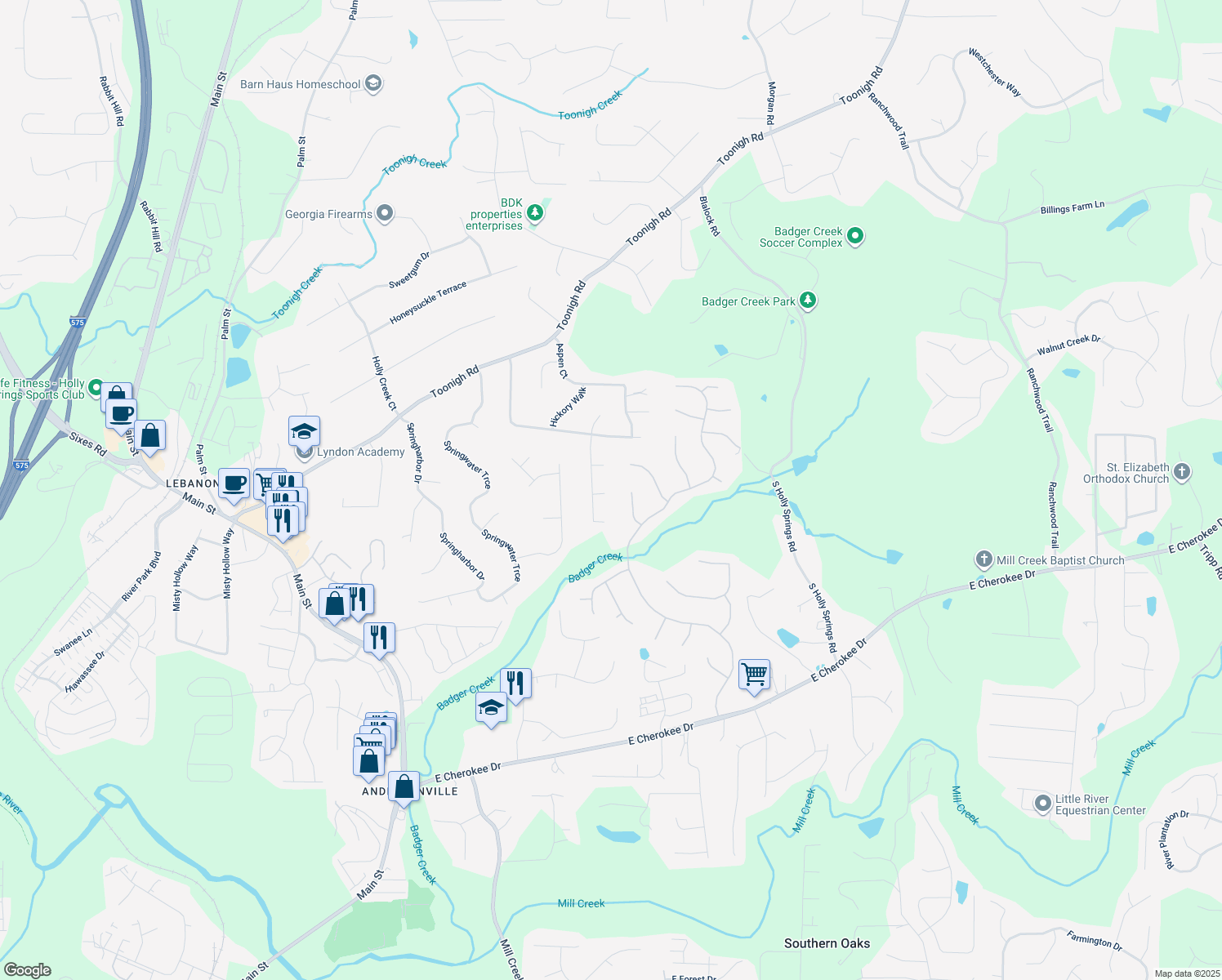 map of restaurants, bars, coffee shops, grocery stores, and more near 1094 Ashlin Drive in Woodstock
