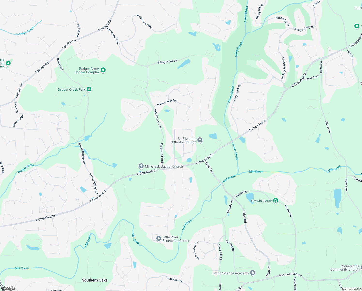 map of restaurants, bars, coffee shops, grocery stores, and more near 215 Little Brook Lane in Woodstock