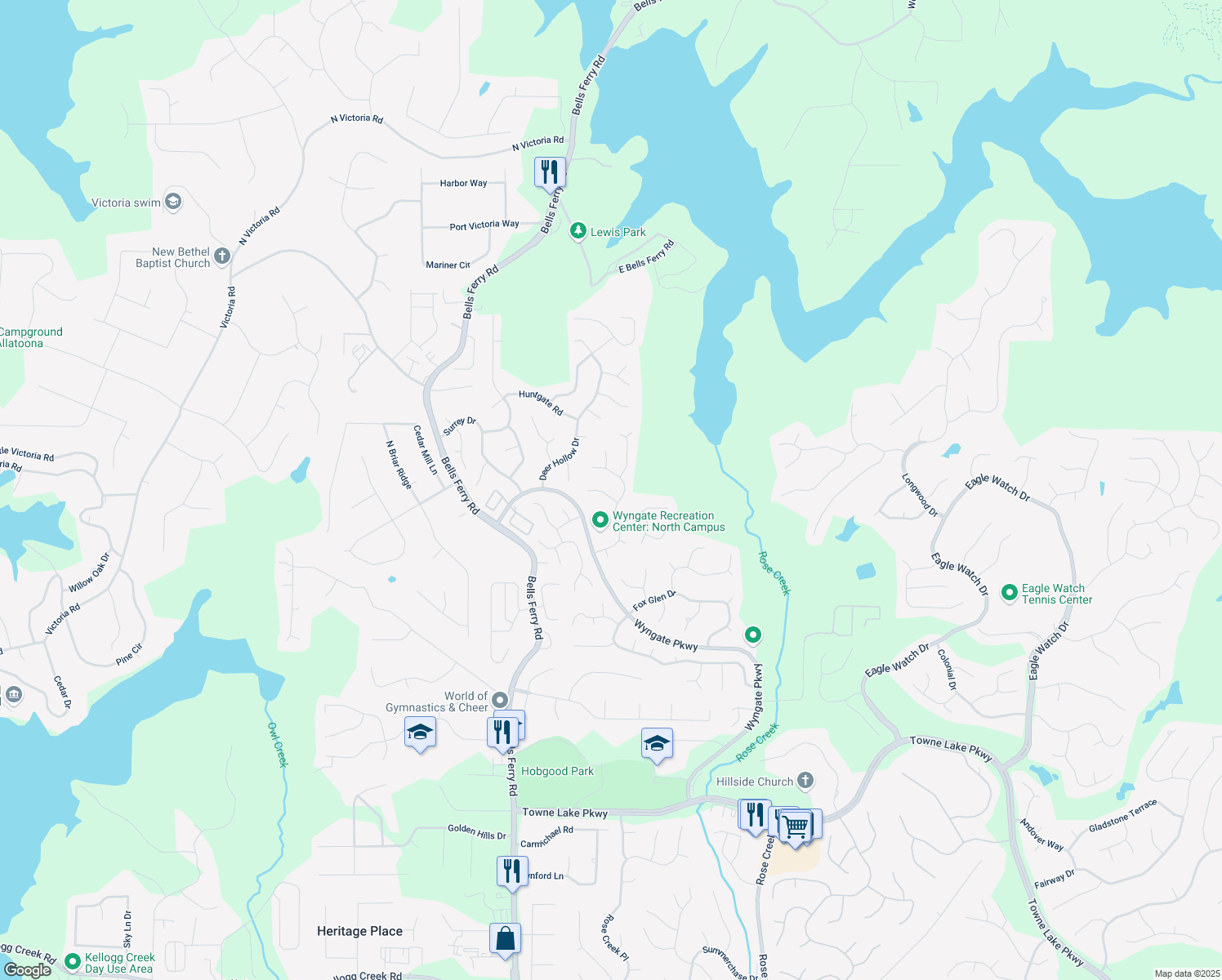 map of restaurants, bars, coffee shops, grocery stores, and more near 5102 Staplehurst Lane in Woodstock