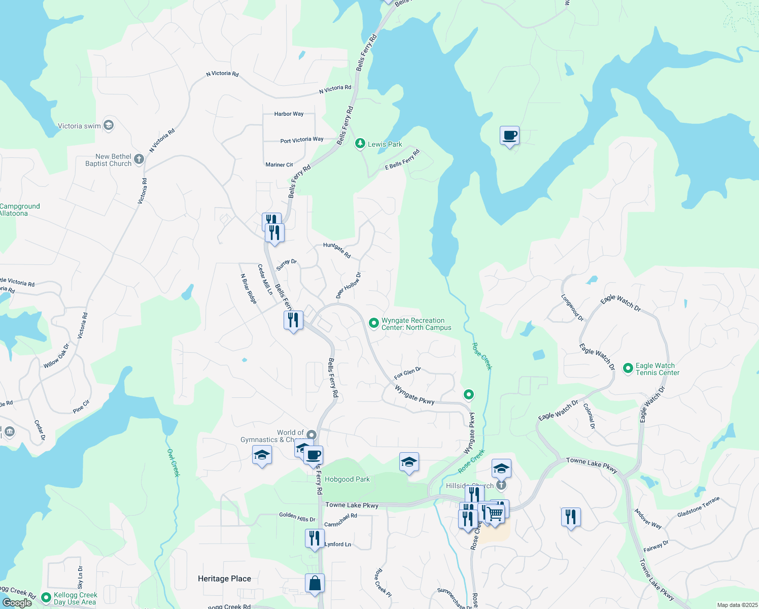 map of restaurants, bars, coffee shops, grocery stores, and more near 5102 Staplehurst Lane in Woodstock