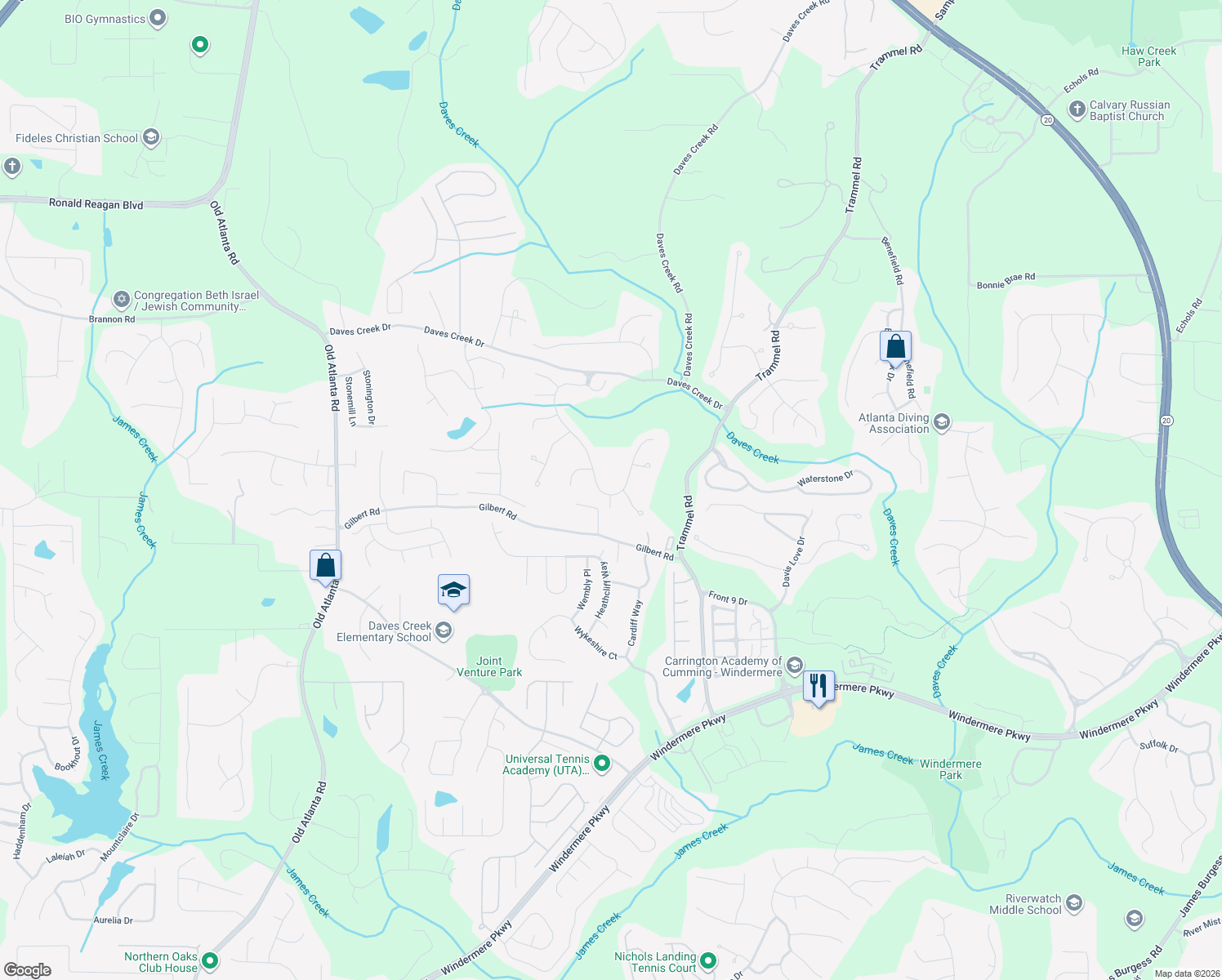 map of restaurants, bars, coffee shops, grocery stores, and more near 8055 Allerton Lane in Cumming