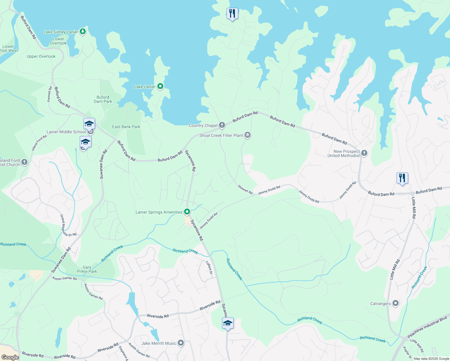 map of restaurants, bars, coffee shops, grocery stores, and more near 6171 Stewart Ridge Walk in Buford