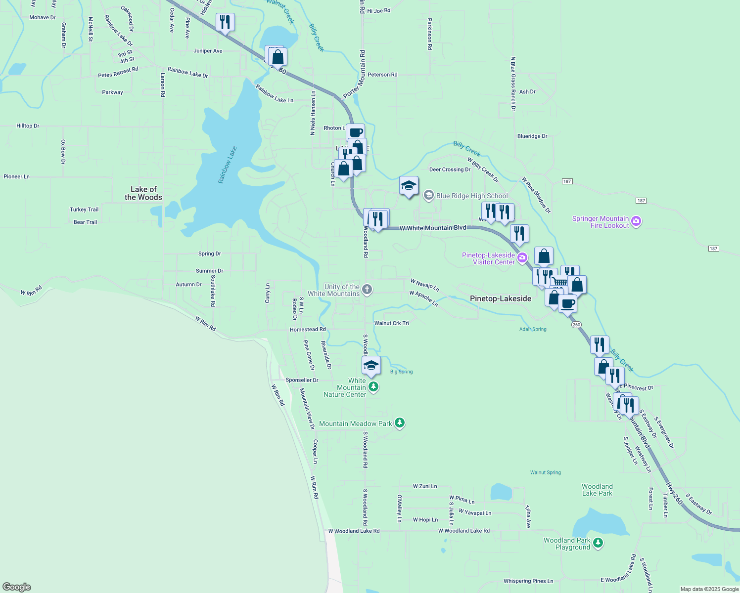 map of restaurants, bars, coffee shops, grocery stores, and more near 257 North Woodland Road in Pinetop-Lakeside