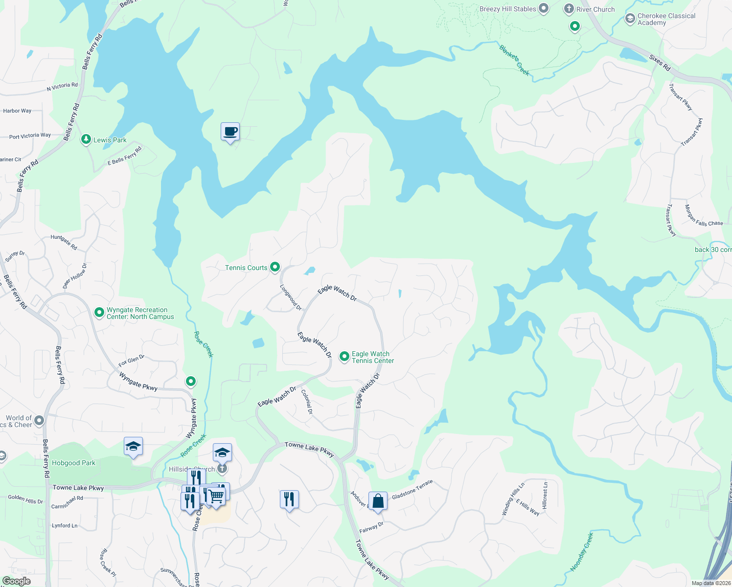 map of restaurants, bars, coffee shops, grocery stores, and more near 603 Glen Oaks Drive in Woodstock