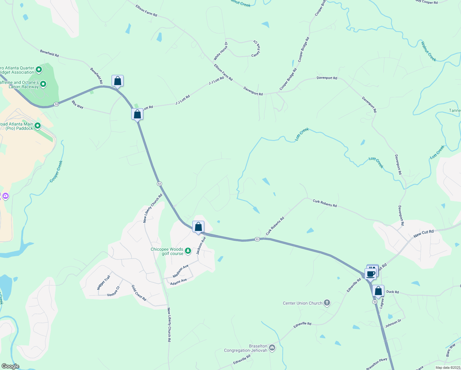 map of restaurants, bars, coffee shops, grocery stores, and more near 1420 Sunny Valley Lane in Braselton
