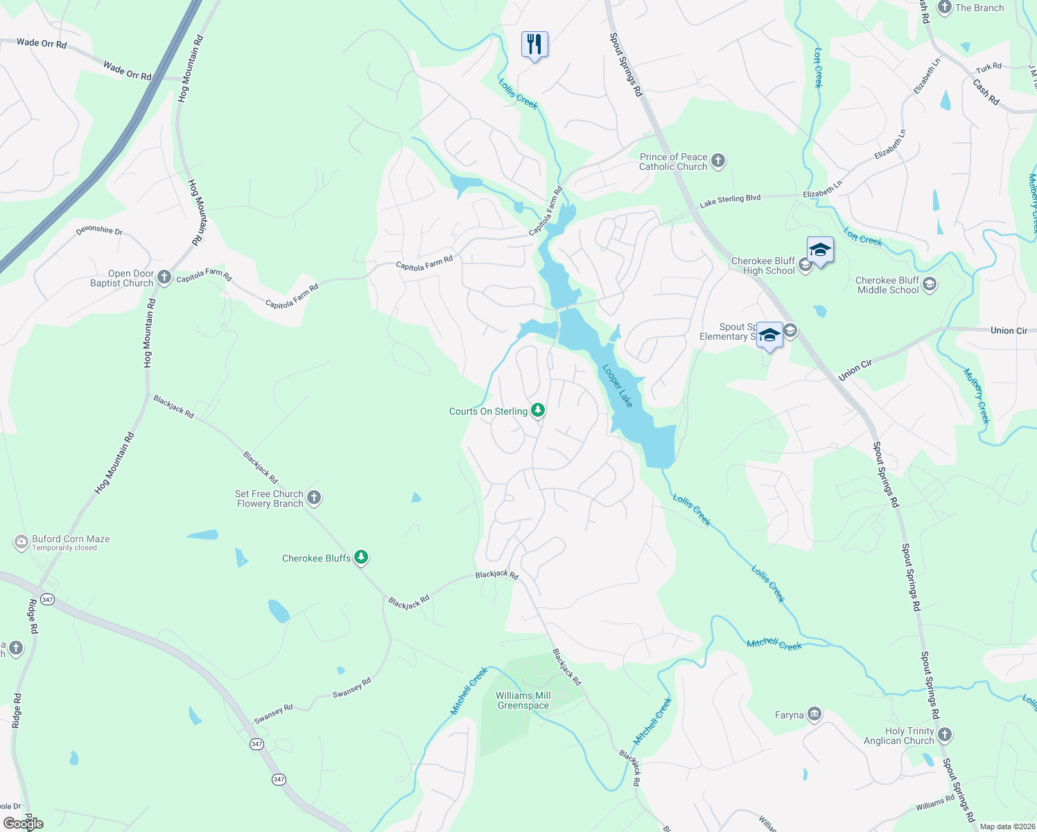 map of restaurants, bars, coffee shops, grocery stores, and more near 7426 Brookstone Circle in Flowery Branch