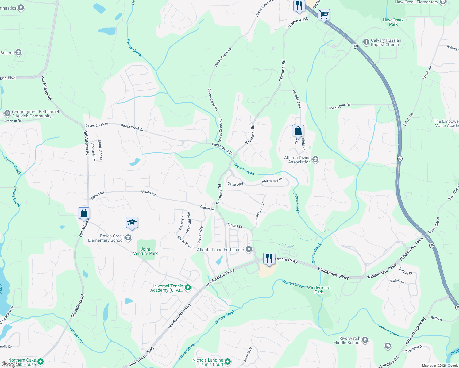 map of restaurants, bars, coffee shops, grocery stores, and more near 2785 Gatlin Way in Cumming