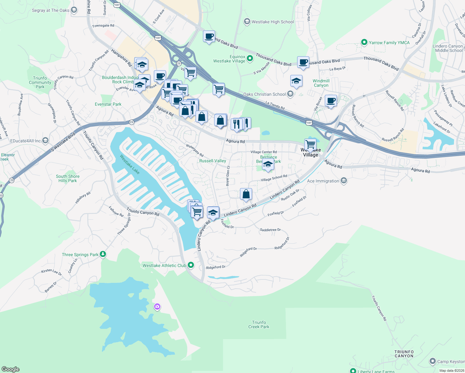 map of restaurants, bars, coffee shops, grocery stores, and more near 31934 Lyndbrook Ct in Westlake Village