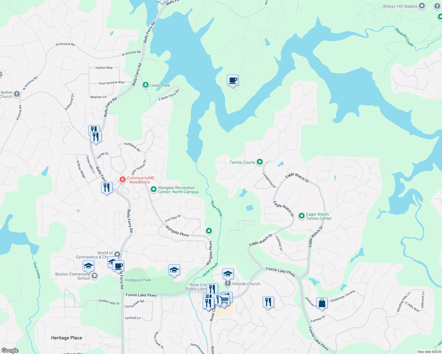 map of restaurants, bars, coffee shops, grocery stores, and more near 1518 Maplewood Court in Woodstock