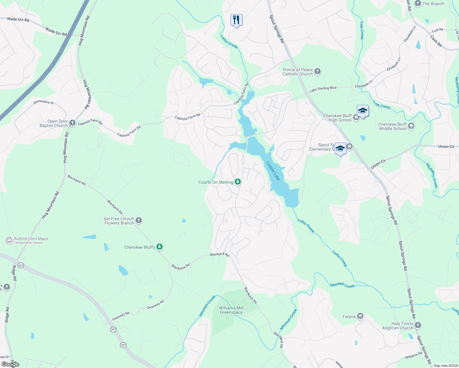 map of restaurants, bars, coffee shops, grocery stores, and more near 7426 Brookstone Circle in Flowery Branch