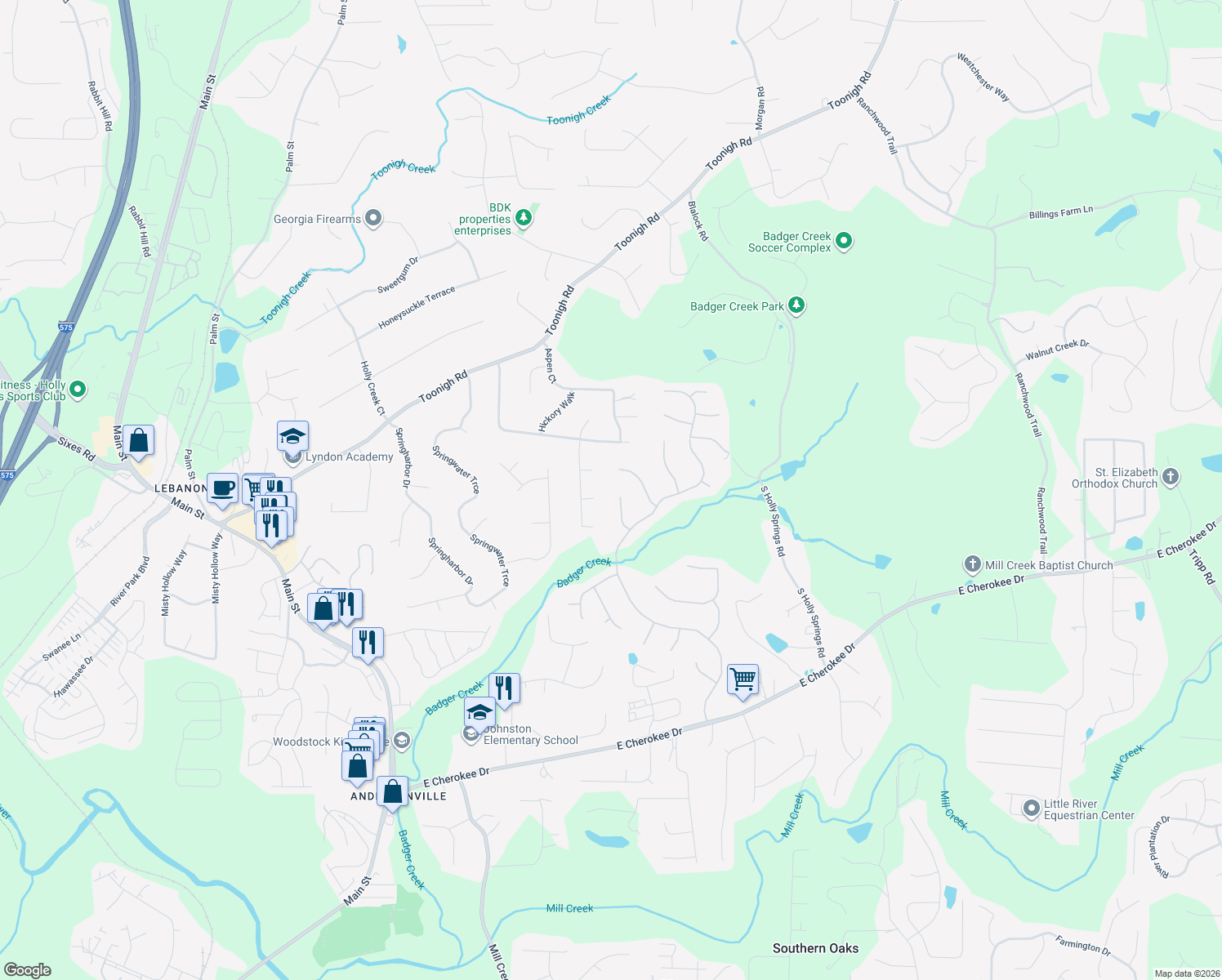 map of restaurants, bars, coffee shops, grocery stores, and more near 117 Woodview Court in Woodstock