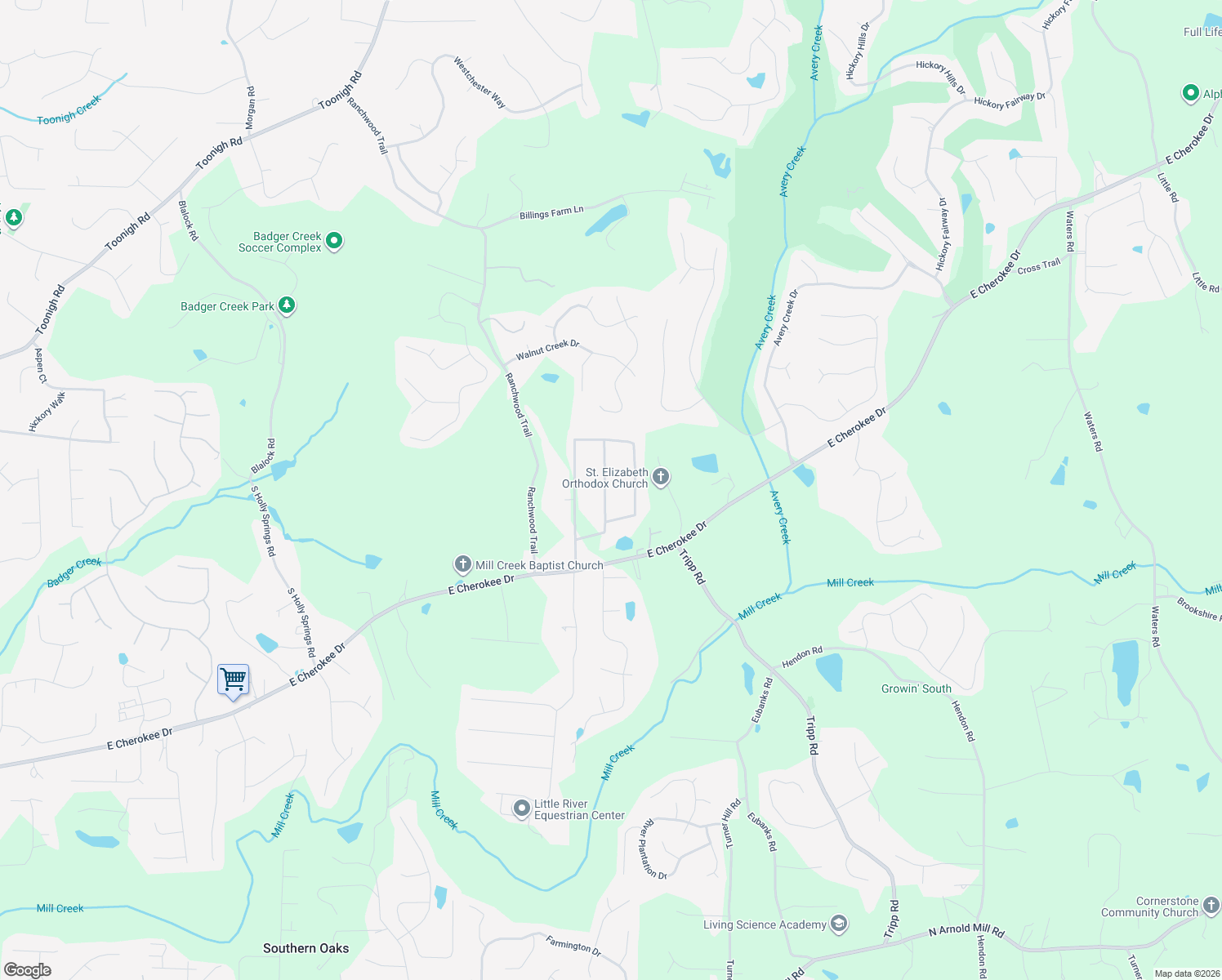 map of restaurants, bars, coffee shops, grocery stores, and more near 218 Little Brook Lane in Woodstock