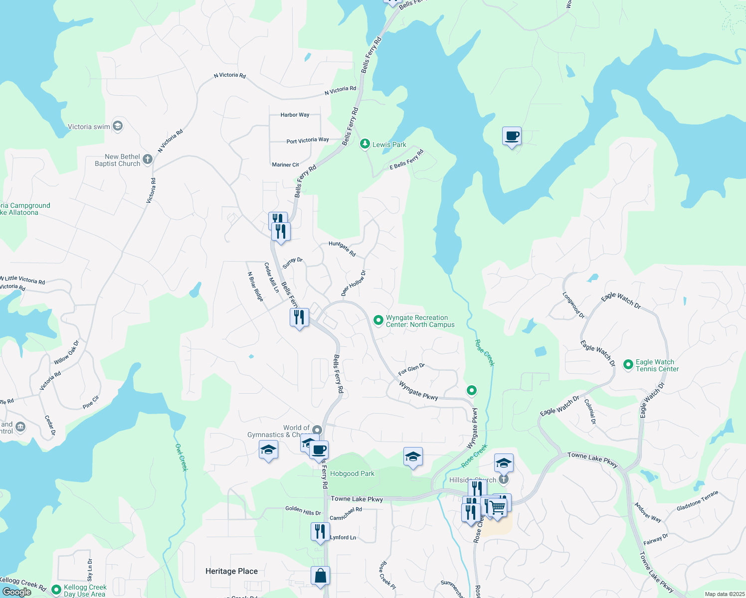 map of restaurants, bars, coffee shops, grocery stores, and more near 5108 Staplehurst Lane in Woodstock