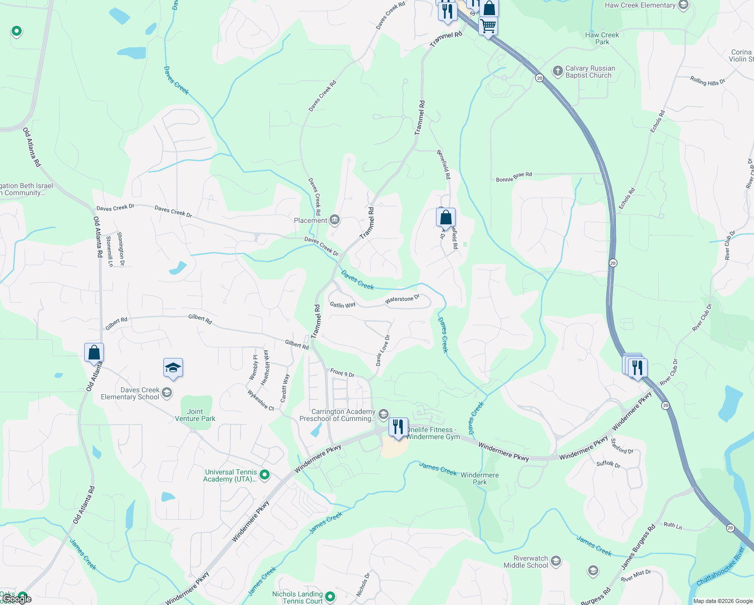 map of restaurants, bars, coffee shops, grocery stores, and more near 2825 Waterstone Drive in Cumming